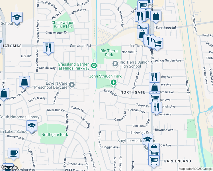 map of restaurants, bars, coffee shops, grocery stores, and more near 3075 Northstead Drive in Sacramento