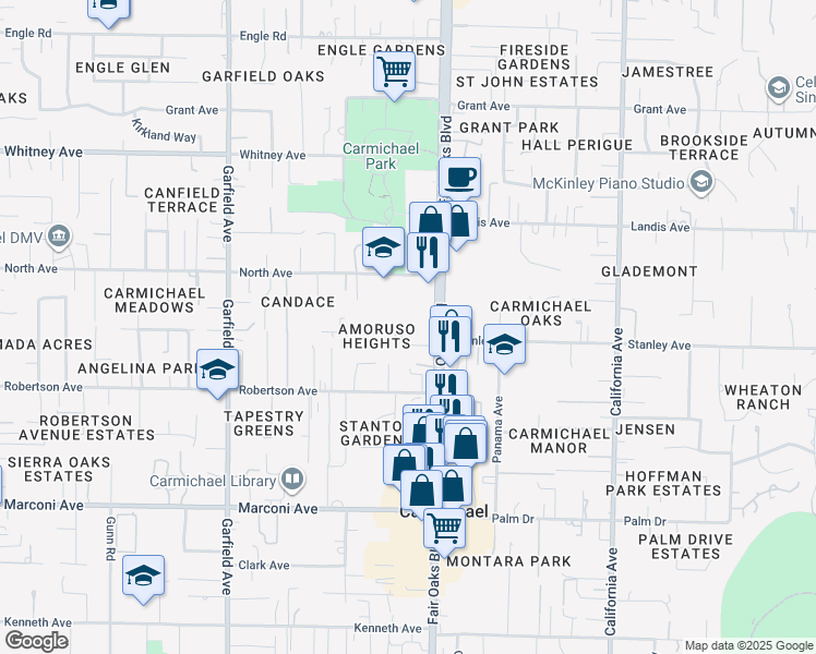 map of restaurants, bars, coffee shops, grocery stores, and more near 6733 Fair Oaks Boulevard in Carmichael