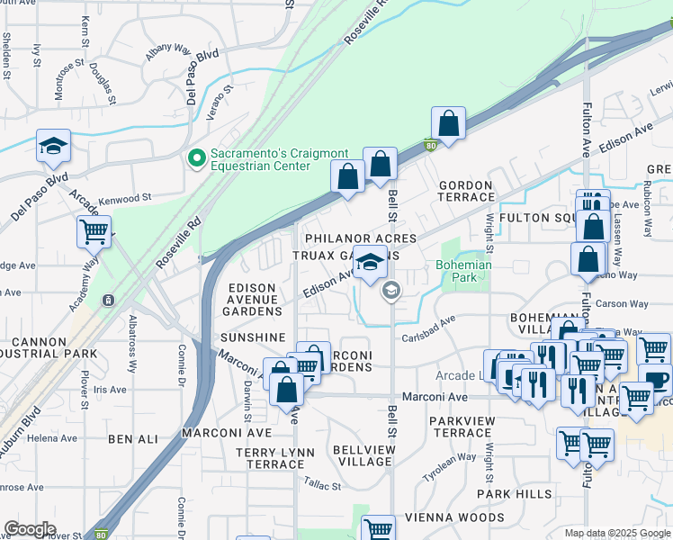 map of restaurants, bars, coffee shops, grocery stores, and more near 2216 Dunlap Drive in Sacramento