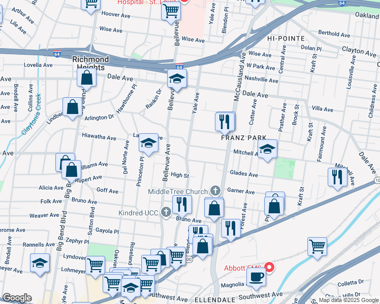 map of restaurants, bars, coffee shops, grocery stores, and more near 7061 Mitchell Avenue in Richmond Heights