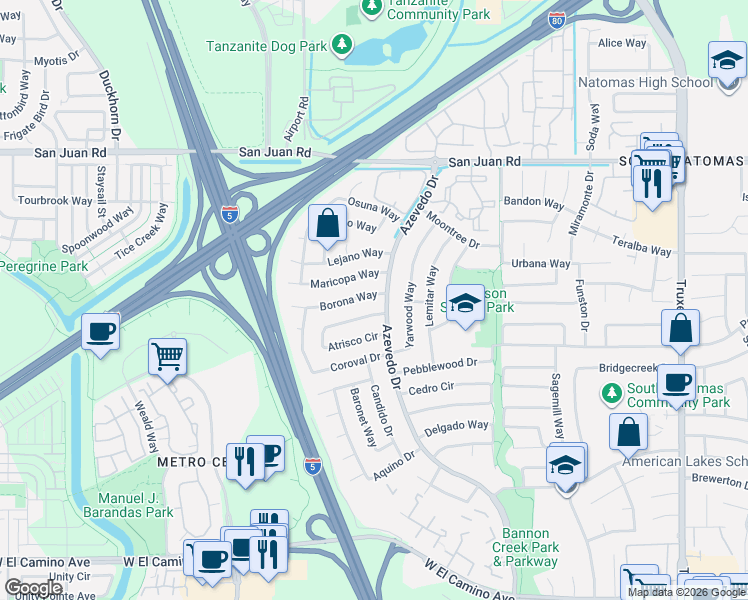 map of restaurants, bars, coffee shops, grocery stores, and more near 2154 Borona Way in Sacramento
