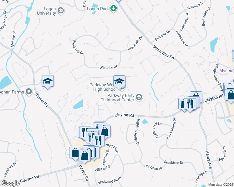 map of restaurants, bars, coffee shops, grocery stores, and more near 14653 Clayton Road in Ballwin