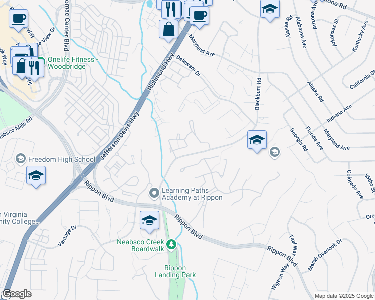 map of restaurants, bars, coffee shops, grocery stores, and more near 1997 Darlington Loop in Woodbridge