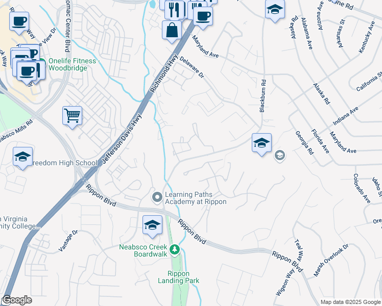 map of restaurants, bars, coffee shops, grocery stores, and more near 1997 Darlington Loop in Woodbridge