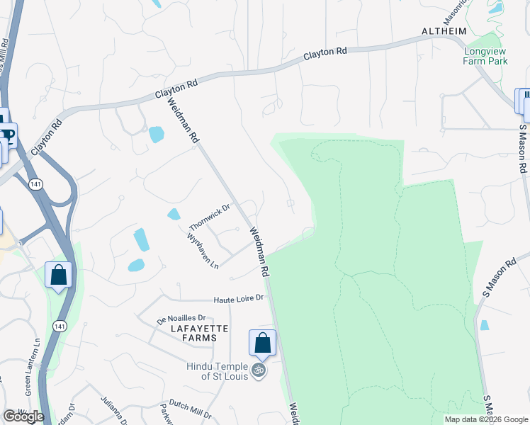 map of restaurants, bars, coffee shops, grocery stores, and more near 1030 Weidman Road in Chesterfield