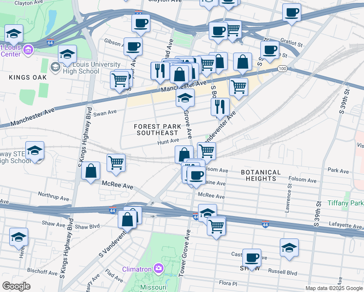 map of restaurants, bars, coffee shops, grocery stores, and more near 1519 Tower Grove Avenue in St. Louis