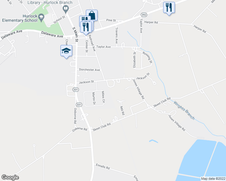 map of restaurants, bars, coffee shops, grocery stores, and more near 200 Jackson Street in Hurlock