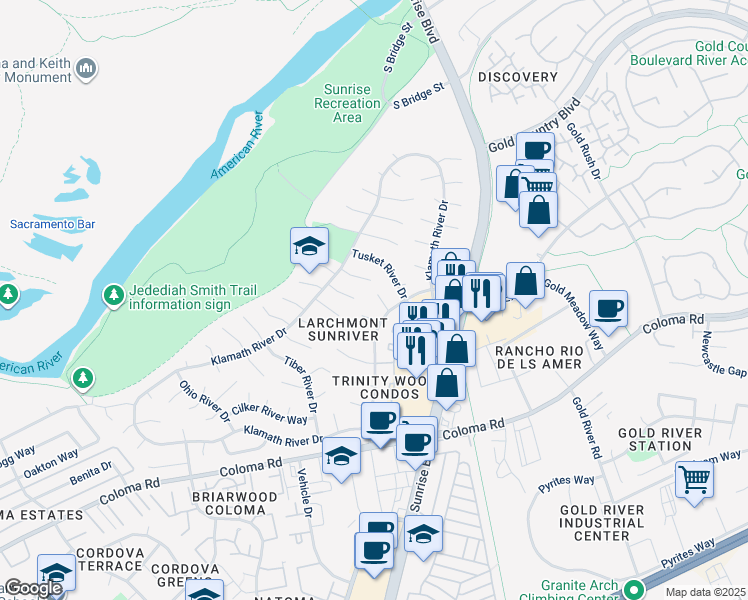 map of restaurants, bars, coffee shops, grocery stores, and more near 11171 Utopia River Court in Rancho Cordova