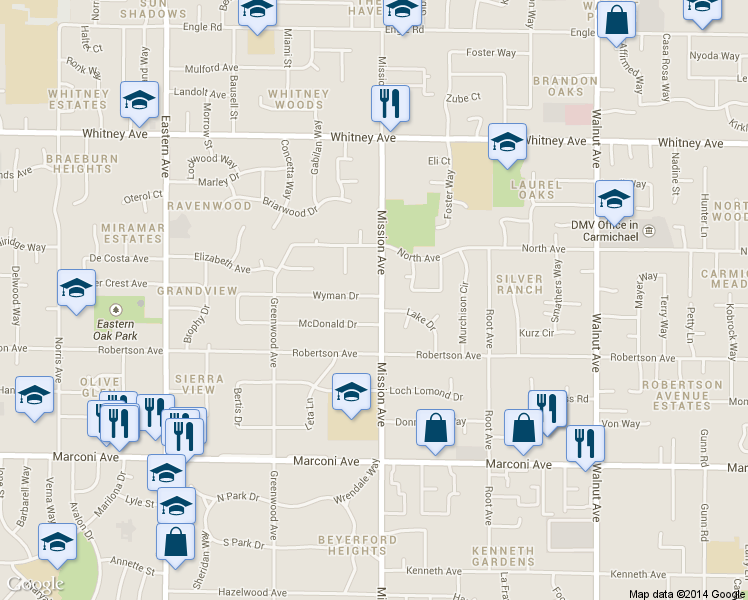 map of restaurants, bars, coffee shops, grocery stores, and more near 4621 Wyman Drive in Sacramento