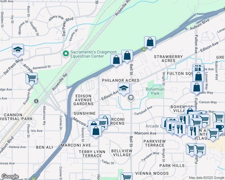 map of restaurants, bars, coffee shops, grocery stores, and more near 2216 Dunlap Drive in Sacramento