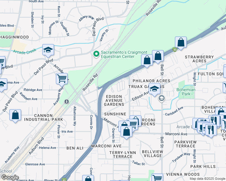 map of restaurants, bars, coffee shops, grocery stores, and more near 2060 Auburn Boulevard in Sacramento