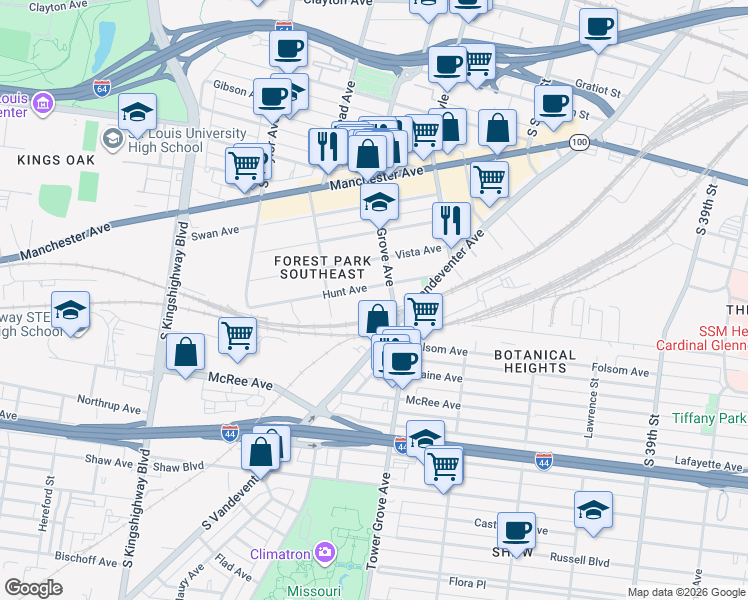 map of restaurants, bars, coffee shops, grocery stores, and more near 4307 Hunt Avenue in St. Louis