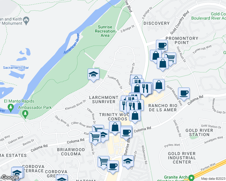 map of restaurants, bars, coffee shops, grocery stores, and more near 11171 Utopia River Court in Rancho Cordova