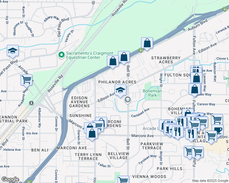 map of restaurants, bars, coffee shops, grocery stores, and more near 3100 Truax Court in Sacramento