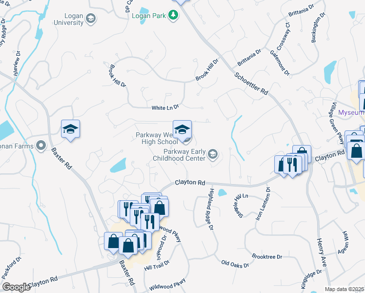 map of restaurants, bars, coffee shops, grocery stores, and more near 14653 Clayton Road in Ballwin