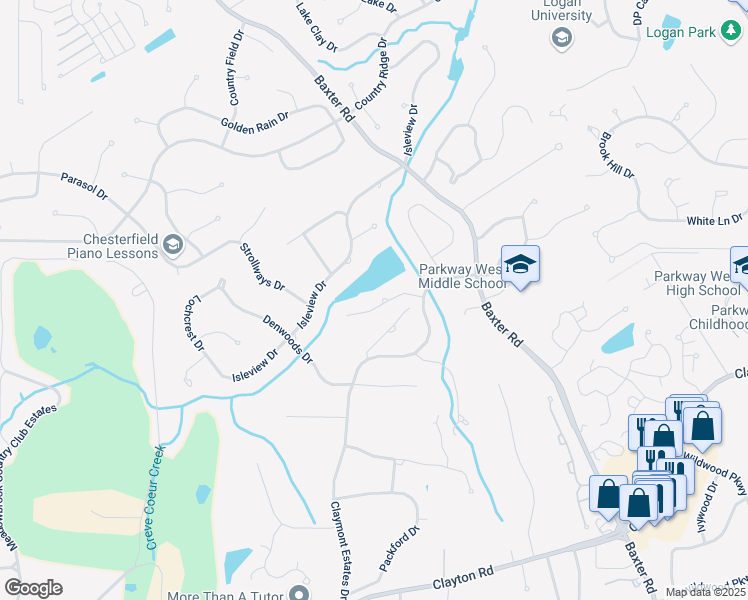 map of restaurants, bars, coffee shops, grocery stores, and more near 15119 Woodsbluff Drive in Chesterfield