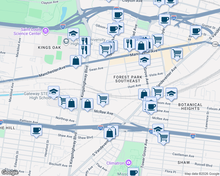 map of restaurants, bars, coffee shops, grocery stores, and more near 4454 Vista Avenue in St. Louis