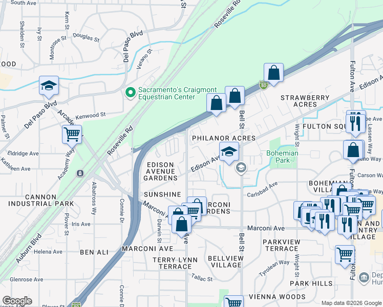 map of restaurants, bars, coffee shops, grocery stores, and more near 3120 Howe Avenue in Sacramento