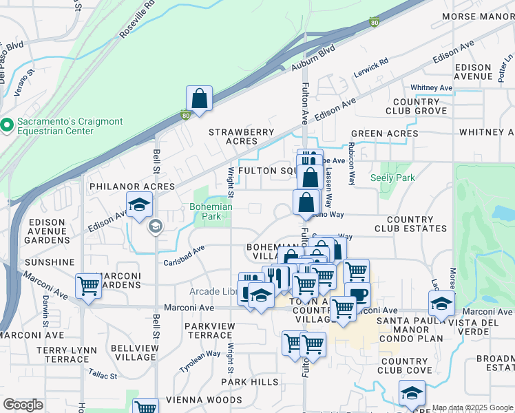 map of restaurants, bars, coffee shops, grocery stores, and more near 2490 Michelle Drive in Sacramento