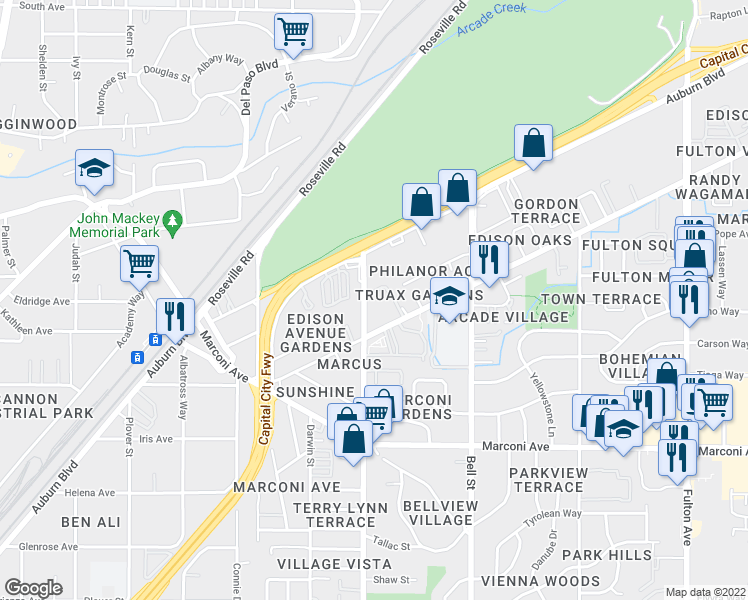 map of restaurants, bars, coffee shops, grocery stores, and more near 2229 Edison Avenue in Sacramento
