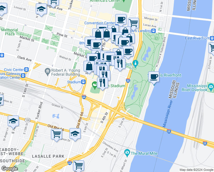 map of restaurants, bars, coffee shops, grocery stores, and more near 200 South Broadway in St. Louis