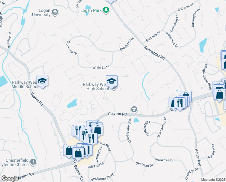 map of restaurants, bars, coffee shops, grocery stores, and more near 14653 Clayton Road in Ballwin