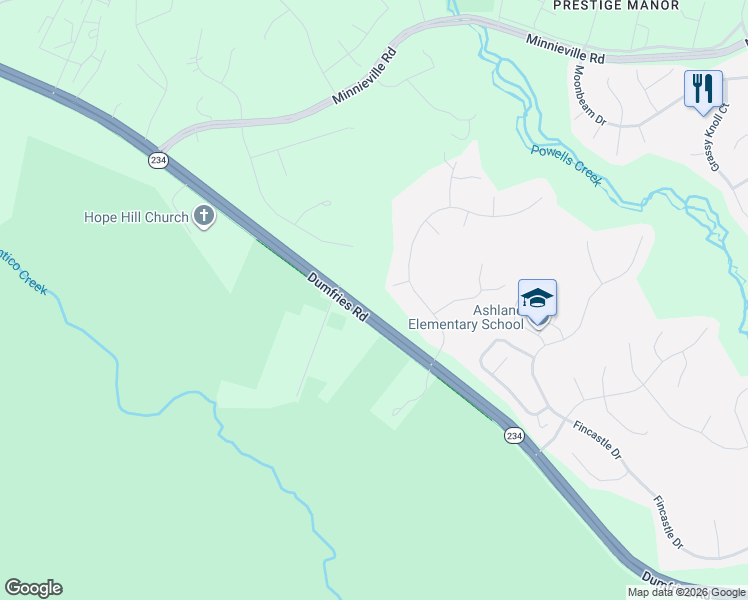 map of restaurants, bars, coffee shops, grocery stores, and more near 15255 Dumfries Road in Manassas
