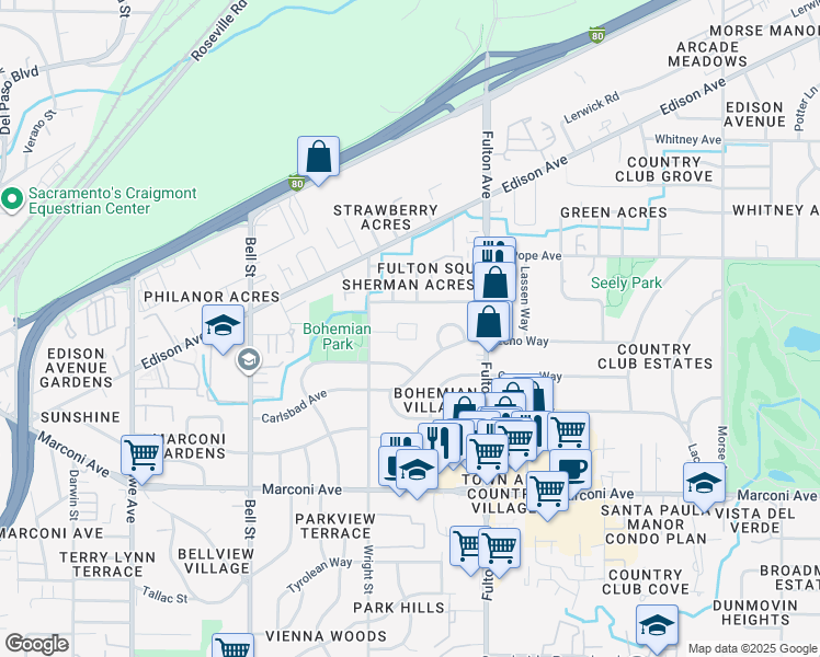 map of restaurants, bars, coffee shops, grocery stores, and more near 2490 Michelle Drive in Sacramento