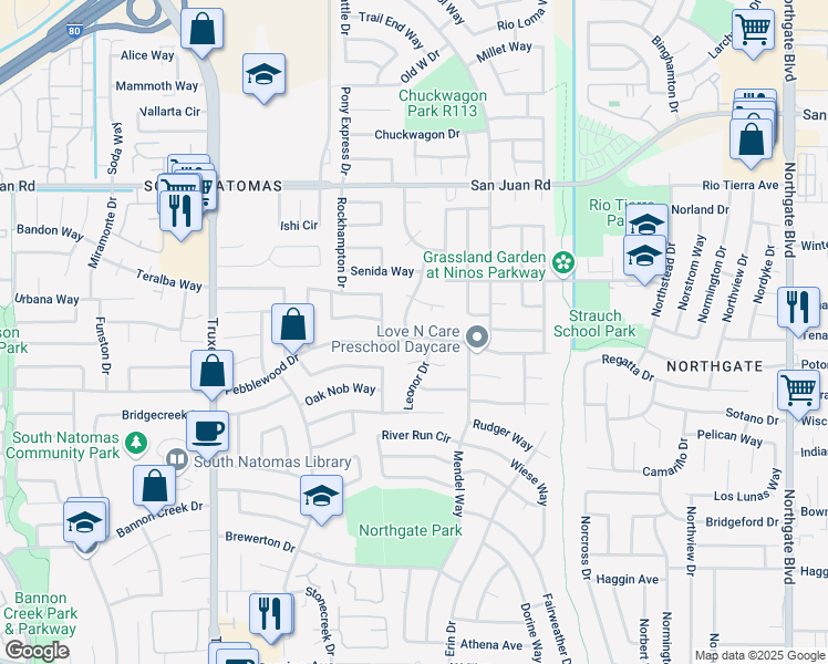 map of restaurants, bars, coffee shops, grocery stores, and more near 1253 Pebblewood Drive in Sacramento
