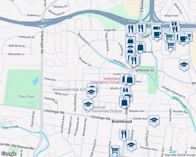 map of restaurants, bars, coffee shops, grocery stores, and more near 9016 Lawn Avenue in Brentwood