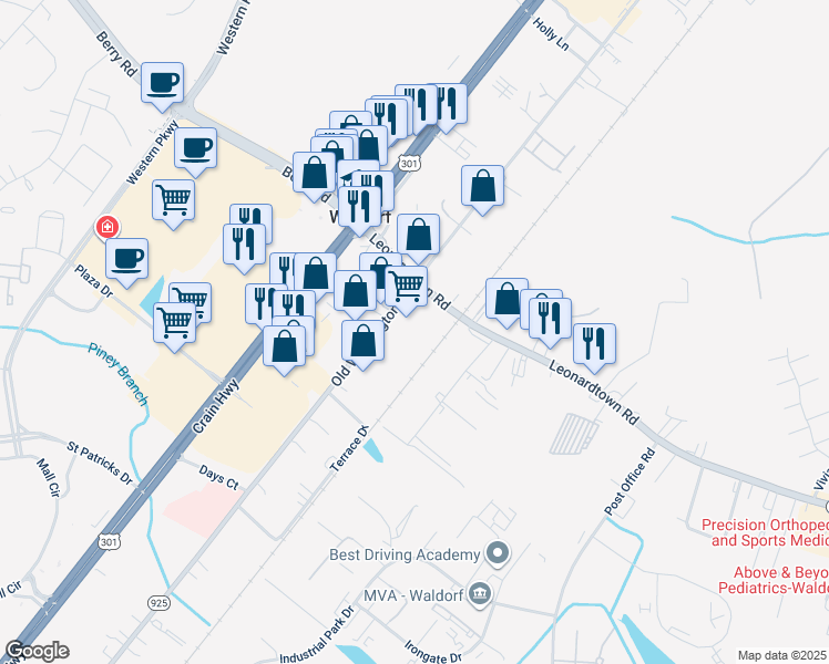 map of restaurants, bars, coffee shops, grocery stores, and more near 3200 Old Washington Road in Waldorf