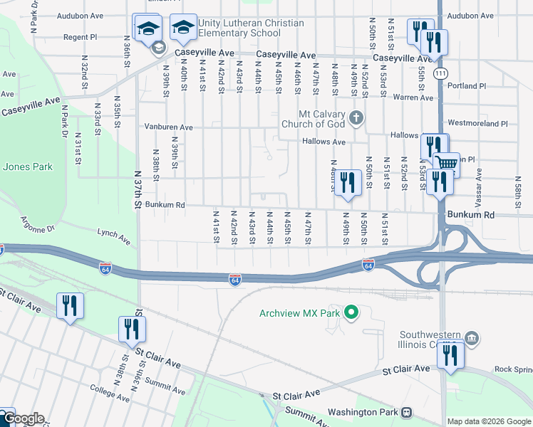 map of restaurants, bars, coffee shops, grocery stores, and more near in East St. Louis