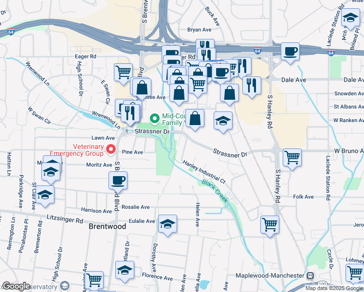 map of restaurants, bars, coffee shops, grocery stores, and more near 1429 Strassner Drive in Brentwood