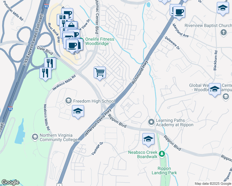 map of restaurants, bars, coffee shops, grocery stores, and more near 15235 Leicestershire Street in Woodbridge
