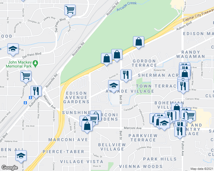 map of restaurants, bars, coffee shops, grocery stores, and more near 3100 Truax Court in Sacramento