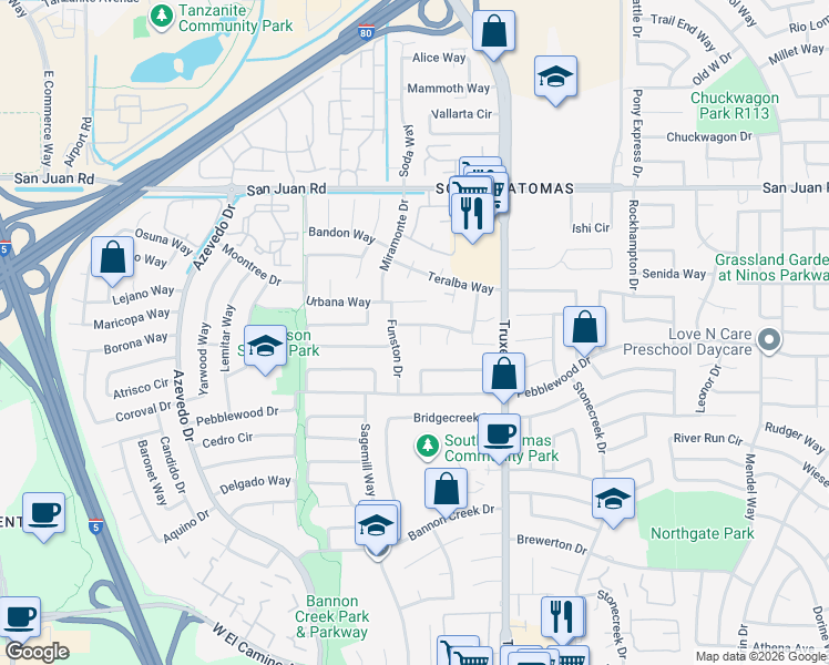 map of restaurants, bars, coffee shops, grocery stores, and more near 1741 Tourney Way in Sacramento
