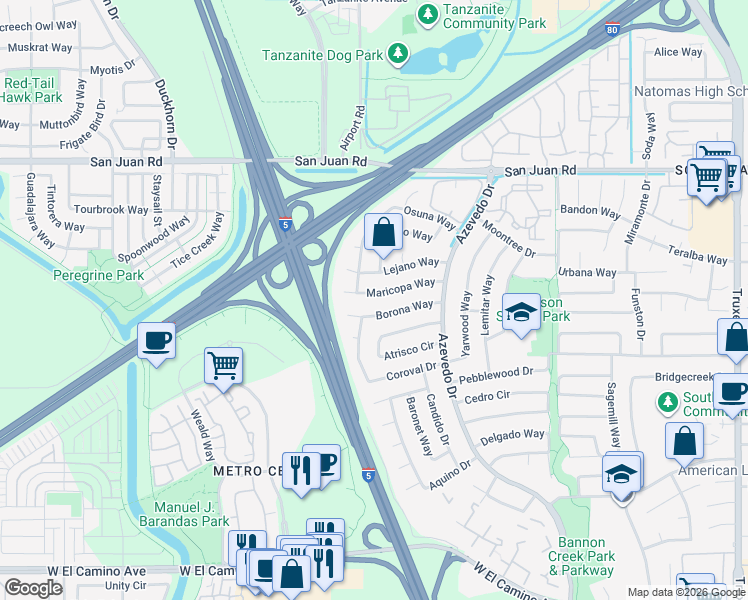 map of restaurants, bars, coffee shops, grocery stores, and more near 2207 Maricopa Way in Sacramento