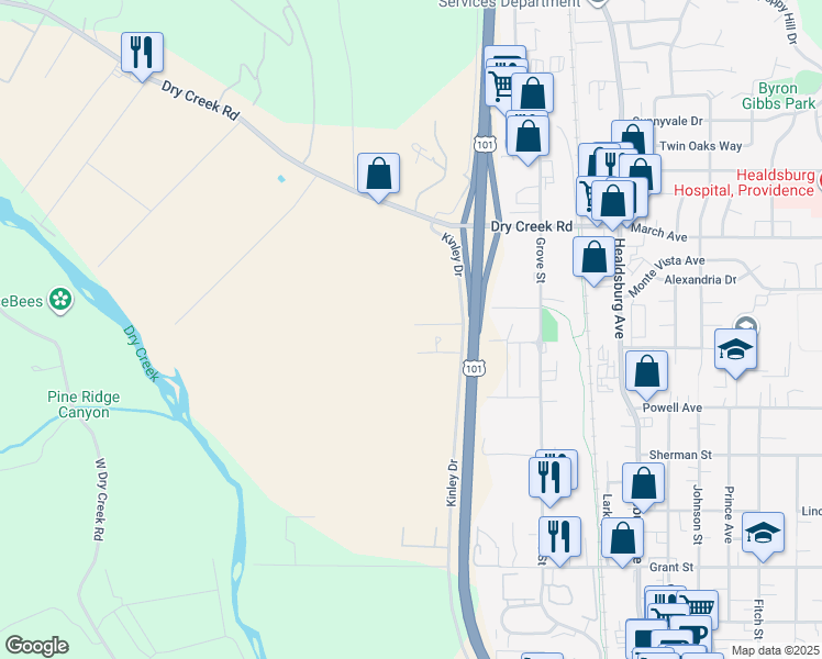 map of restaurants, bars, coffee shops, grocery stores, and more near 15097 Kinley Drive in Healdsburg