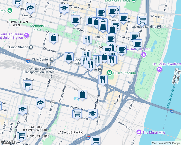 map of restaurants, bars, coffee shops, grocery stores, and more near 920 Spruce Street in St. Louis