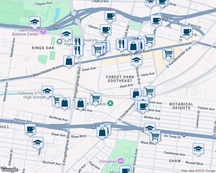 map of restaurants, bars, coffee shops, grocery stores, and more near 4454 Vista Avenue in St. Louis