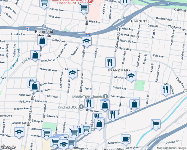map of restaurants, bars, coffee shops, grocery stores, and more near 7061 Mitchell Avenue in Richmond Heights
