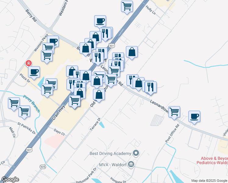 map of restaurants, bars, coffee shops, grocery stores, and more near 11620 Sidler Lane in Waldorf