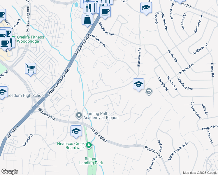 map of restaurants, bars, coffee shops, grocery stores, and more near 1903 Winslow Court in Woodbridge