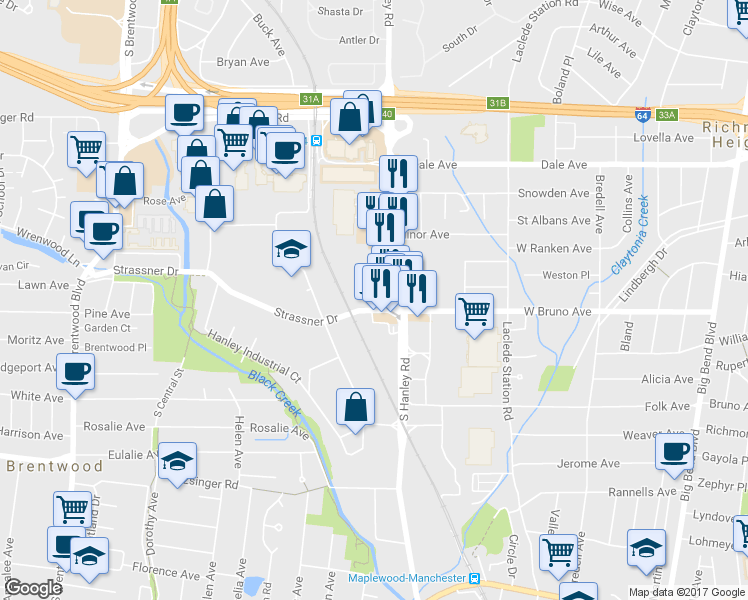 map of restaurants, bars, coffee shops, grocery stores, and more near 1231 Strassner Drive in Brentwood