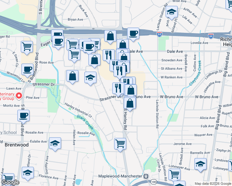 map of restaurants, bars, coffee shops, grocery stores, and more near 1241 Strassner Drive in Brentwood