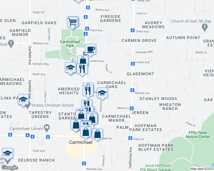 map of restaurants, bars, coffee shops, grocery stores, and more near 6050 Leafwood Drive in Carmichael