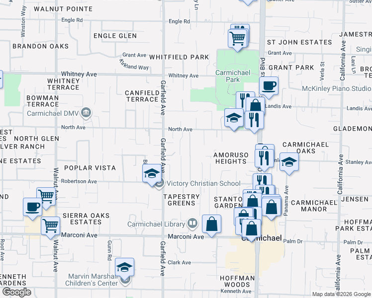 map of restaurants, bars, coffee shops, grocery stores, and more near 3220 Ashwood Lane in Carmichael