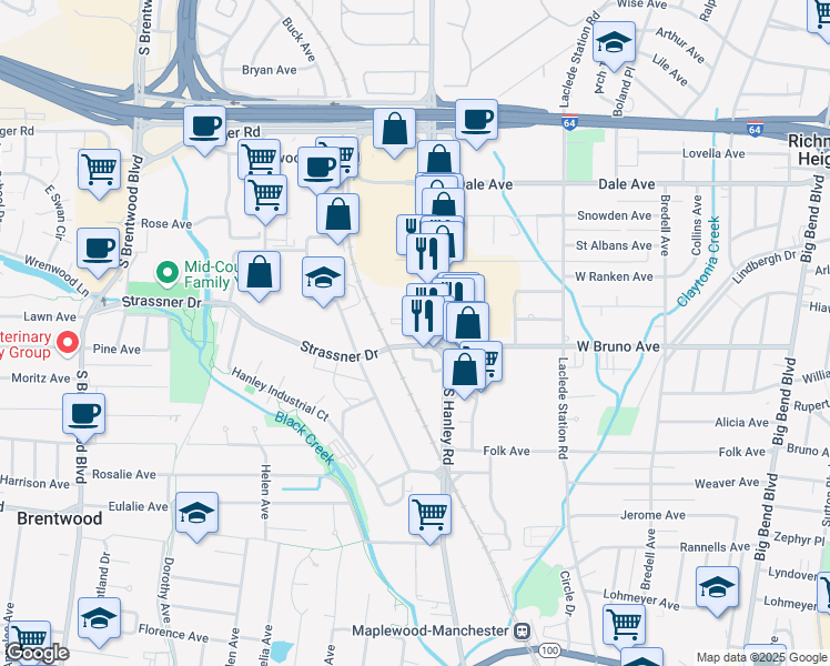 map of restaurants, bars, coffee shops, grocery stores, and more near 1231 Strassner Drive in Brentwood