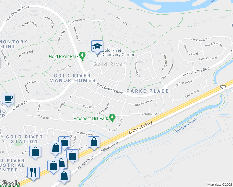 map of restaurants, bars, coffee shops, grocery stores, and more near 11674 Gold Country Boulevard in Gold River