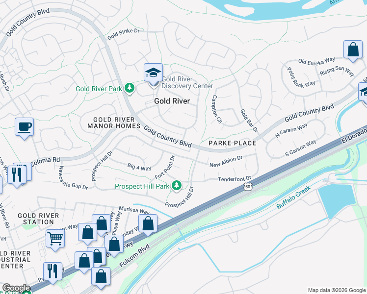 map of restaurants, bars, coffee shops, grocery stores, and more near 11674 Gold Country Boulevard in Gold River